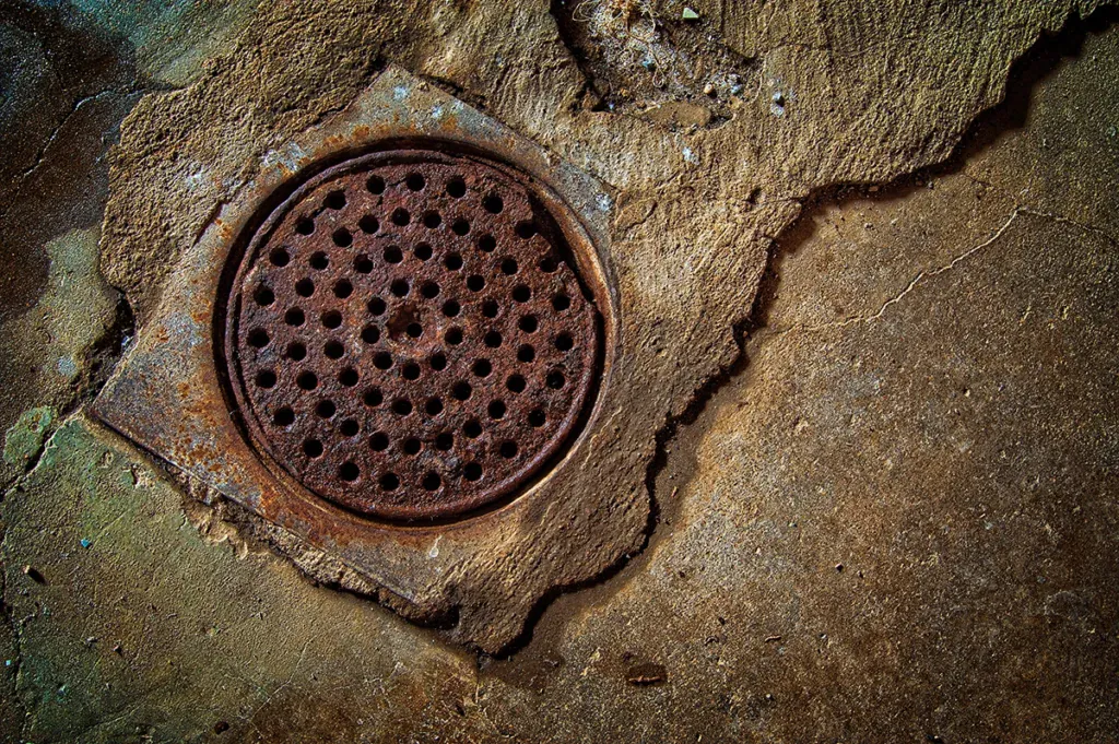 Rusted round floor drain grate set in a stained concrete basement floor