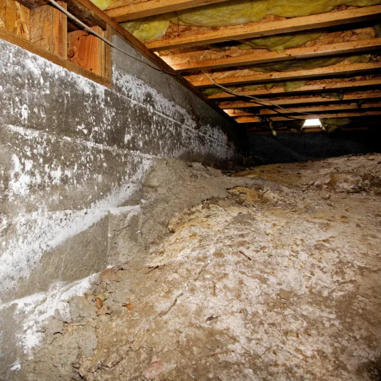 Unfinished crawl space with a dirt floor, concrete block walls and insulated floor joists overhead