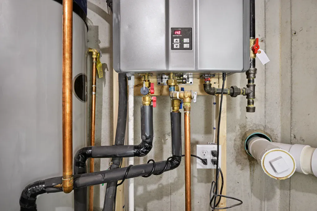 Wall-mounted tankless water heater with insulated copper supply lines and gas piping