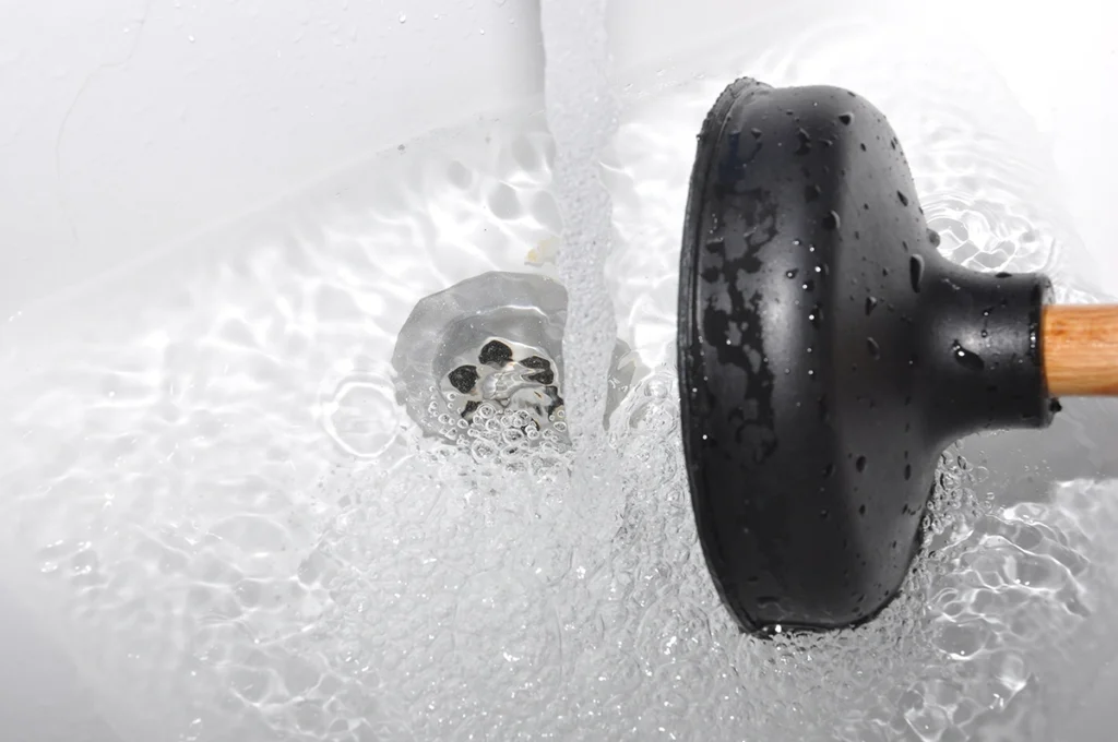 Rubber plunger beside a bathtub drain as water runs into the tub