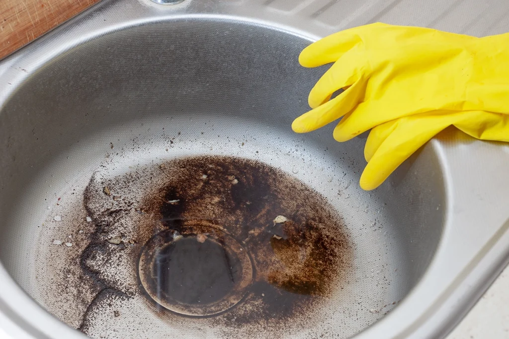 Stainless steel kitchen sink with dark residue around the drain and a yellow rubber glove on the rim