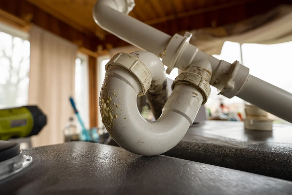 White PVC P-trap with slip-nut joints connected to a drain line