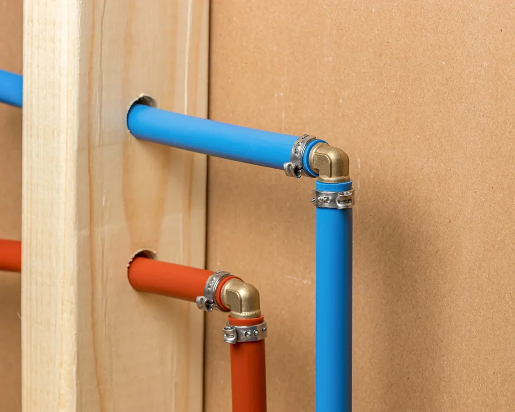Blue and red PEX supply pipes with brass elbow fittings running through a wood stud