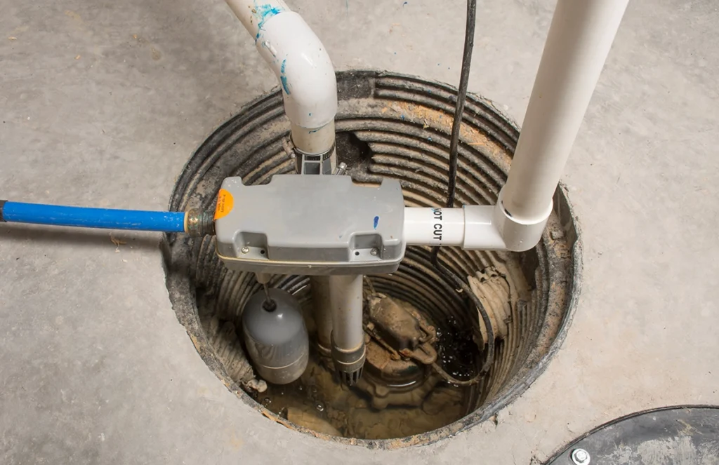 Open basement sewage pit with a pump, float and gray control box mounted on the white discharge pipe