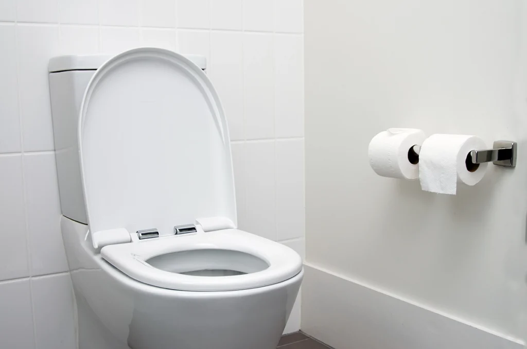 White toilet with the lid raised in a white tiled bathroom next to a double toilet paper holder