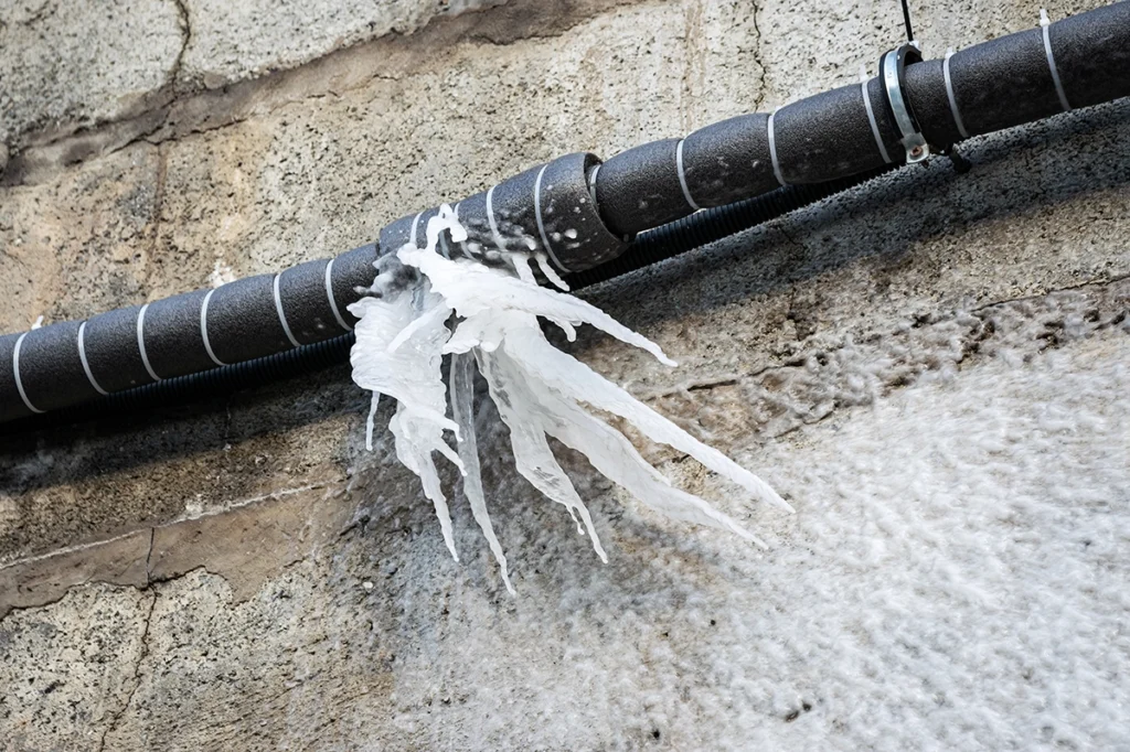 Ice bursting out of a split in a foam-insulated water pipe along a concrete wall