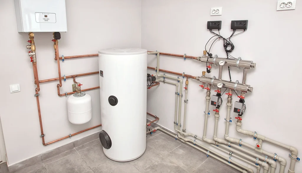 White electric water heater tank and a small expansion tank with copper and plastic supply lines in a utility room
