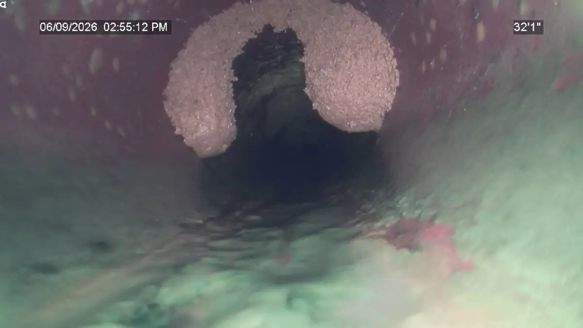 Sewer camera view of roots growing through a pipe joint.