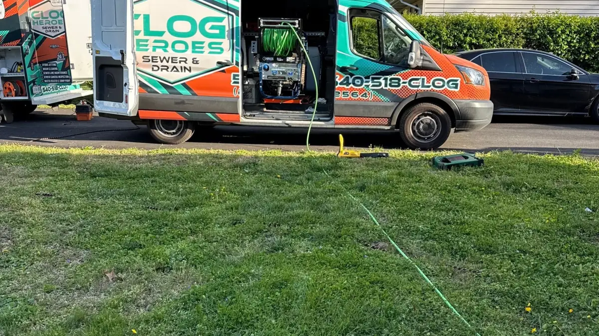 Clog Heroes van on a residential street with a jetter hose run across the lawn.