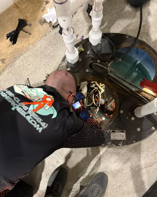 Technician in a Clog Heroes jersey working inside a grinder pump basin.