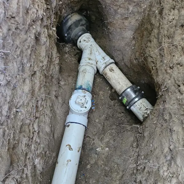 New PVC sewer wye and couplings connected in the trench.